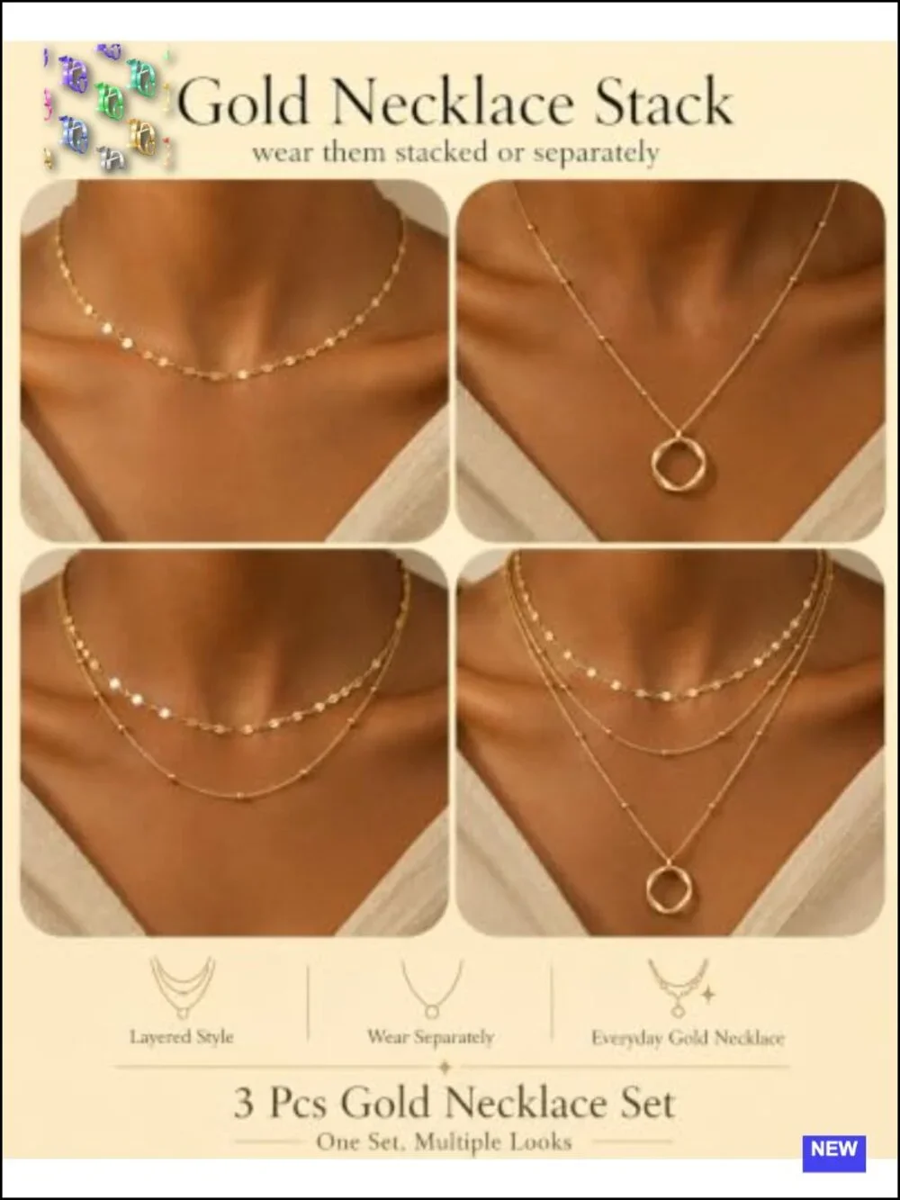 3 Pcs 14K Gold Plated Layered Gold Necklaces Stack Set with Cubic Zirconia